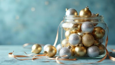Glass jar filled with golden and silver christmas ornaments