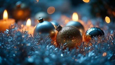 Festive ornaments and candles create holiday ambiance