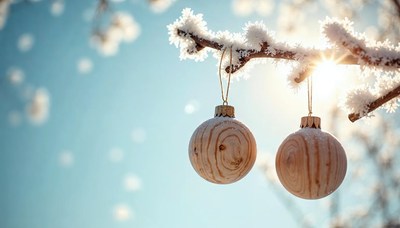 Wooden ornaments hanging from a snow-covered branch