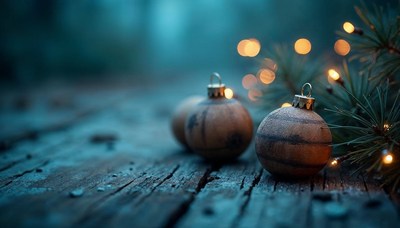 Decorative ornaments and pine branches on wooden surface