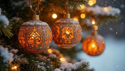 Beautifully decorated christmas ornaments on a snowy day