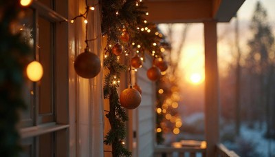 Holiday decorations glow at sunset outside a cozy home