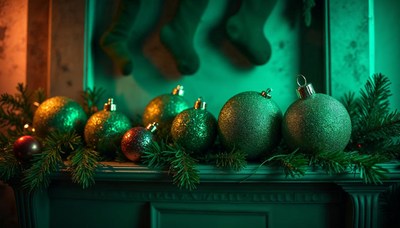 Sparkling ornaments display on a festive mantel