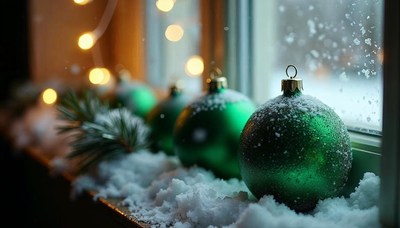 Green ornaments adorned in snow near a cozy window