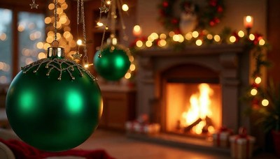 Warm fireplace and green ornaments create holiday charm