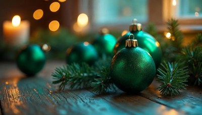 Festive green ornaments on wooden table during holidays
