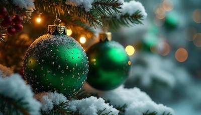 Elegant green ornaments on a snow-covered christmas tree