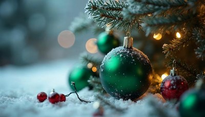 Festive holiday decorations with snow and lights