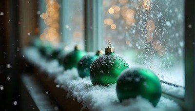 Green ornaments on a snowy windowsill during winter