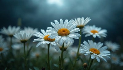 Flowers blooming under dark clouds with raindrops