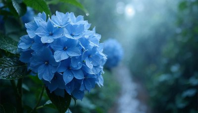 Blue hydrangeas in a misty garden during morning light