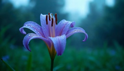 Beautiful purple flower blooms in morning mist