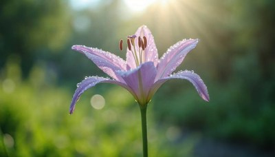 Beautiful pink lily blooming in morning sunlight