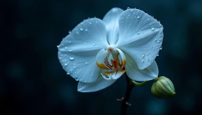 Elegant white orchid with droplets in natural light