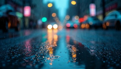 Rain-soaked street reflects city lights during evening