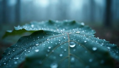 Dewdrops on a leaf in a misty forest setting