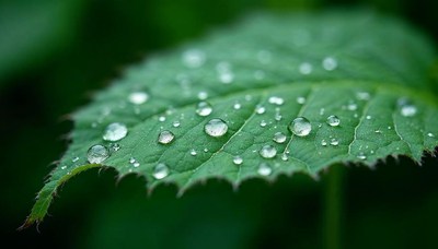Water droplets glisten on a green leaf after rain