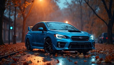 Blue car parked on a rainy street with autumn leaves