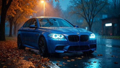 Luxury car parked under streetlight in rainy evening