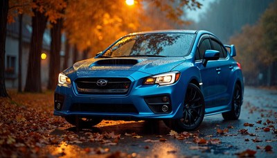 Blue car parked on a rainy autumn street