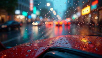 City streets illuminated by rain at evening rush hour