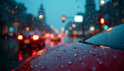 Evening commute through rain in a cityscape