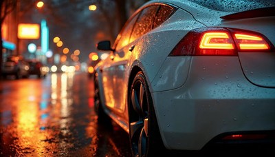 Night drive in the rain with a sleek white car