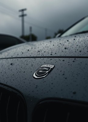 Rain-soaked car emblem glistens on a cloudy day