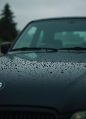 Rain drops on car windshield create moody atmosphere