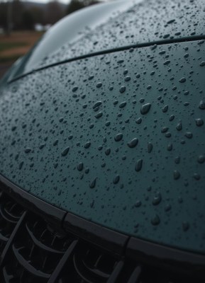 Rain droplets cover a glossy car surface on a cloudy day