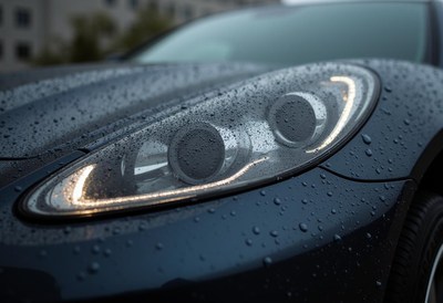 Close-up view of sleek car headlight with raindrops
