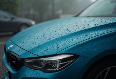 Rain enhances the beauty of a blue car on a city street