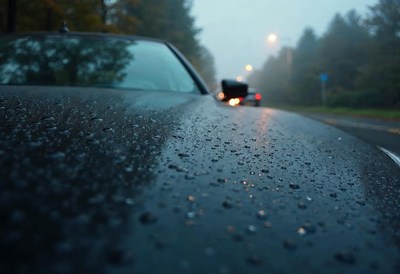 Rain droplets reflect city lights on a parked car