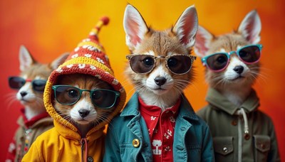 Cool foxes wearing sunglasses in stylish outerwear