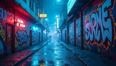 Vibrant urban alley illuminated by neon lights at night