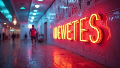 Bright neon sign illuminates vibrant urban hallway