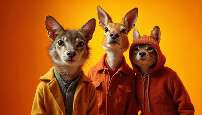 Stylish animals posing together in vibrant orange outfits
