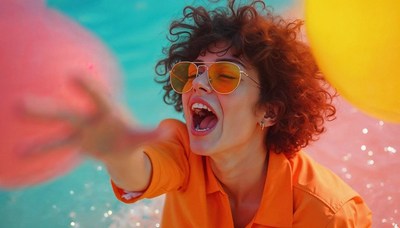 Young woman enjoys summer fun in vibrant outdoor pool