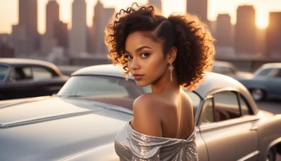 Stylish young woman poses by classic car at sunset