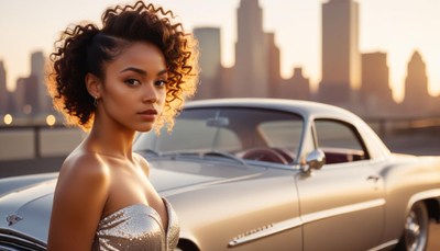Elegant woman poses beside classic car at sunset