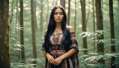 Woman in traditional dress stands in serene forest setting