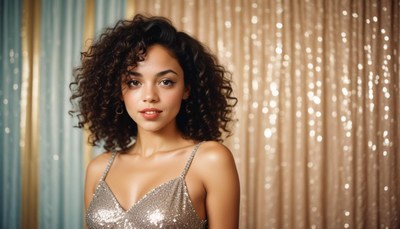 Stunning woman with curly hair in sparkling outfit
