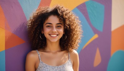 Smiling young woman poses in front of colorful mural