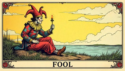 Jester holding torch by the lakeside at sunset