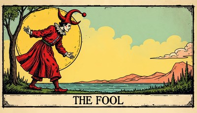 Fool walks along the shore under a bright sun