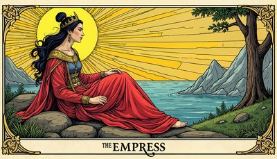 Empress seated beside tranquil waters at sunset