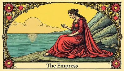 Empress seated by the tranquil sea at sunset