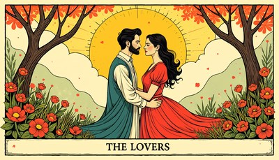 Couple embracing in a vibrant floral landscape during sunset