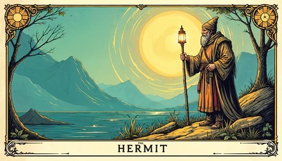 Mystic hermit stands by tranquil waters at sunset