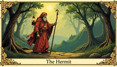 Mysterious hermit wandering through an enchanted forest